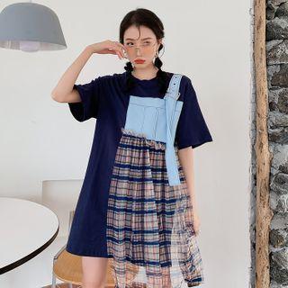 Short-sleeve Plaid Mesh Panel Mini Dress