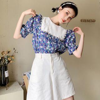 Short-sleeve Sailor-collar Floral Print Blouse