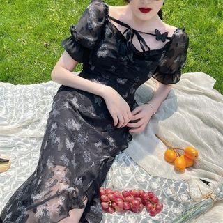 Short-sleeve Butterfly Print Slit Midi Sheath Dress