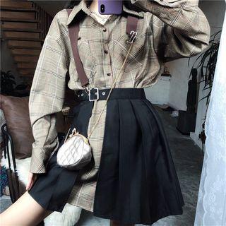 Set: Long-sleeve Plaid Mini Shirt Dress + Asymmetric A-line Mini Pleated Skirt Set Of 2 - One Size