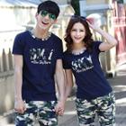 Couple Matching Set: Letter T-shirt + Camouflage Shorts