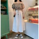 Short-sleeve Plaid Blouse / Drawstring Midi Skirt