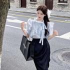 Puff-sleeve Ruffled Blouse / Shirred Midi A-line Skirt