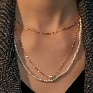 Faux Pearl Pendant Layered Choker Necklace 01 - Dz278 - Kc Gold - Gold & White - One Size