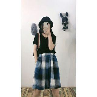 Plaid Wide-leg Shorts Plaid - Blue - One Size
