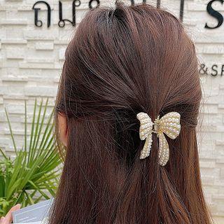 Faux Pearl Bow Alloy Hair Clip Hair Clip - Bow - Gold & White - One Size