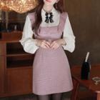 Inset Blouse Ruffled Houndstooth Dress With Brooch
