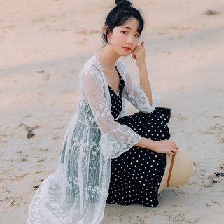 Lace Trim 3/4-sleeve Chiffon Long Jacket