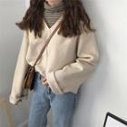 Plain Loose-fit V-neck Long-sleeve Top