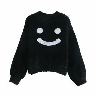 V-neck Smiley Print Knit Cardigan