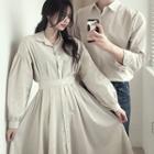 Couple Matching Pinstriped Shirt / Lantern-sleeve Midi Shirtdress