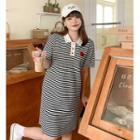 Short-sleeve Strawberry Embroidered Striped Polo Dress