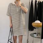 Elbow-sleeve Striped Zip Mini Dress