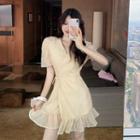 Short-sleeve Tie-waist Ruffle Hem Mini A-line Dress