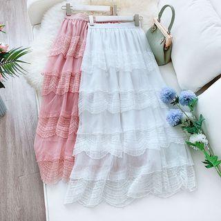 Lace Trim Layered Mesh Skirt