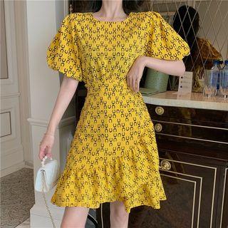 Puff-sleeve Drawstring Waist Ruffled Printed Dress