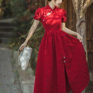 Puff-sleeve Cutout Shirred Midi A-line Dress