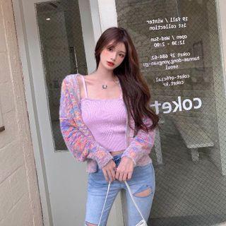 Melange Cardigan / Spaghetti Strap Cropped Knit Top