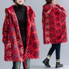 Snowflake Print Hooded Zip-up Coat Red - One Size