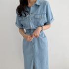 Short-sleeve Denim Midi Dress Blue - One Size