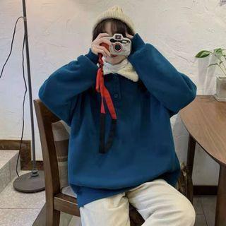 Polo Neck Fleece Sweatshirt / High-waist Corduroy Pants