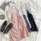 Set: Plain Spaghetti-strap A-line Dress + Long-sleeve Drawstring Plain Cropped Top