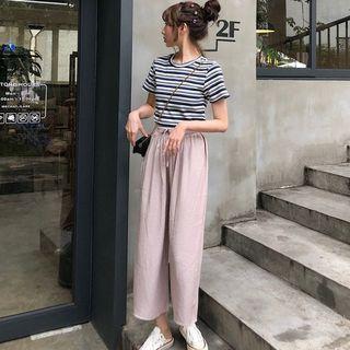 Short-sleeve Striped T-shirt / Wide Leg Pants