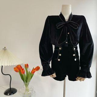 Set: Bell-sleeve Ribbon Velvet Blouse + High-waist Shorts
