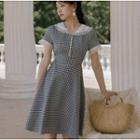 Short-sleeve Gingham Lace Trim A-line Dress