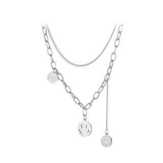 Simple And Creative Geometric Round Smiley Expression Double Layer 316l Stainless Steel Necklace Silver - One Size