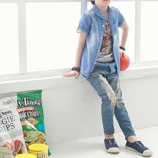 Short-sleeve Striped Denim Shirt