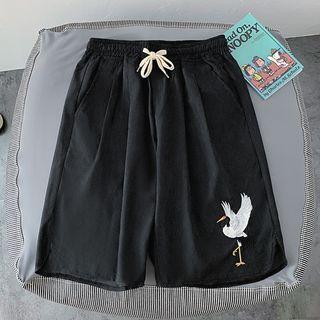 High-waist Flamingo Embroidered Shorts