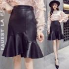 Faux Leather Ruffle Hem Fitted Skirt