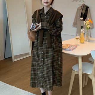 Long-sleeve Plaid Midi Shirtdress / Cape