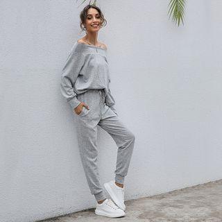 Set: Plain Long-sleeve T-shirt + Drawstring Sweatpants