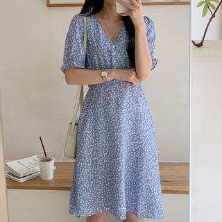Short-sleeve Floral Print Buttoned A-line Dress