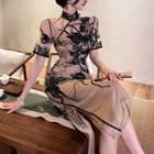 Set: Short-sleeve Floral Mesh Midi Qipao + Slipdress