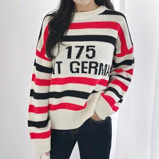 Drop-shoulder Stripe Lettering Sweater