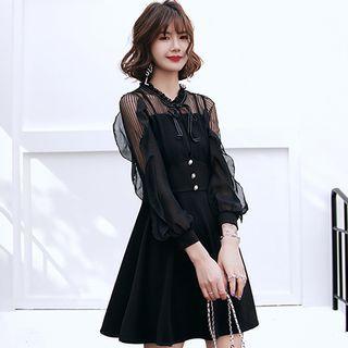 Mesh Panel Ruffled Long-sleeve Mini A-line Dress