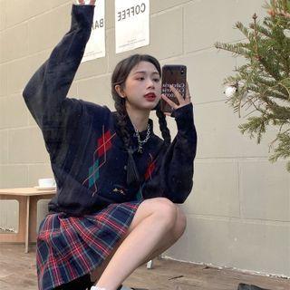 Argyle Polo Sweatshirt / Plaid Pleated Mini A-line Skirt