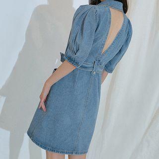 Elbow-sleeve Open-back Double Breasted Mini Dress