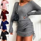 Long Sleeve V-neck Ruched Drawstring Mini Dress