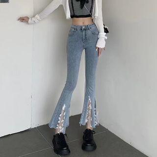 High Waist Mesh Panel Bootcut Jeans