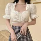 Bell-sleeve Ruffled Tie-neck Cropped Top