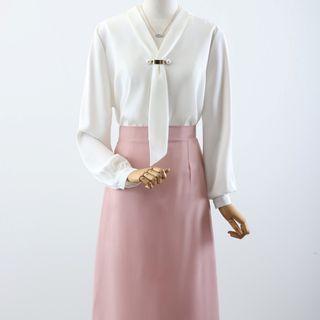 Faux Pearl Tie-neck Blouses / Midi A-line Skirt