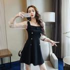 Mesh-sleeve Double-breasted A-line Dress
