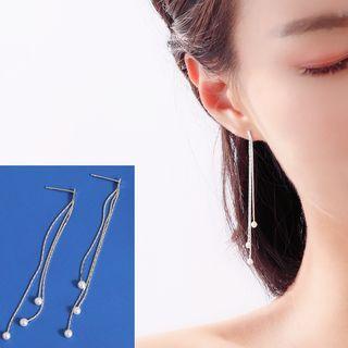 925 Sterling Silver Faux Pearl Fringed Earring 1 Pair - As Shown In Figure - One Size