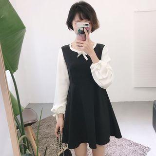 Long-sleeve Contrast-color Bow-accent Dress