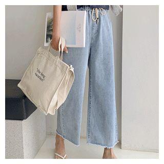Drawstring-waist Fray-hem Jeans Light Blue - One Size