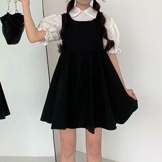 Puff-sleeve Plain Blouse / Sleeveless A-line Dress